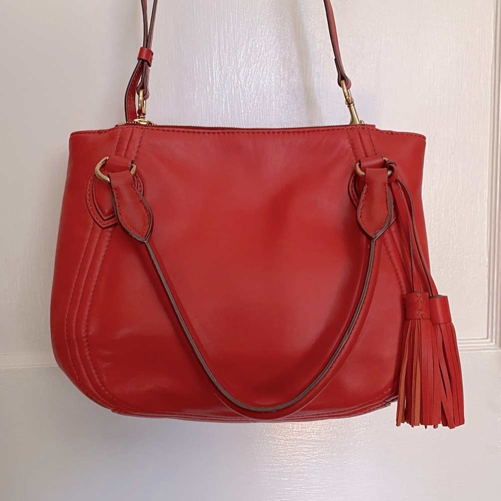 LAST CHANCE! Will donate 4.9. EUC Red Jcrew bag with Gold accents and tassels